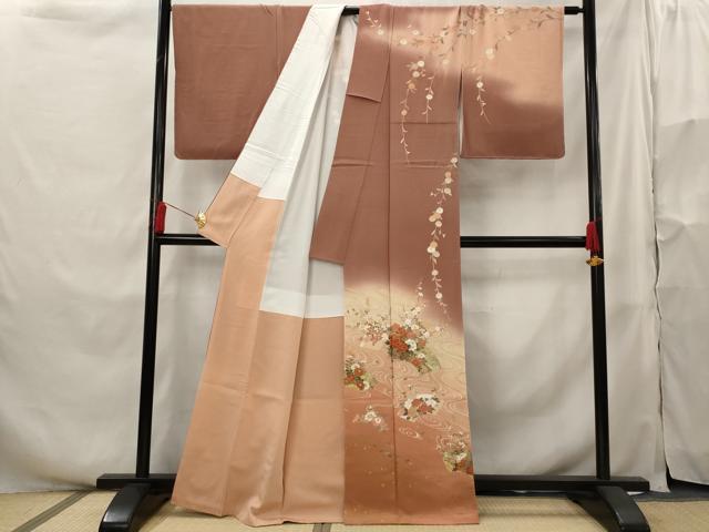 平和屋着物■訪問着　作家物　駒刺繍　流水地紙花文　暈し染め　金彩　正絹　逸品　AABH3458st