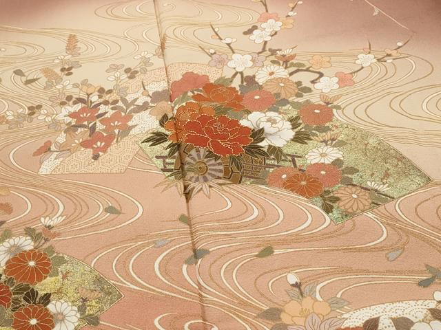 平和屋着物■訪問着　作家物　駒刺繍　流水地紙花文　暈し染め　金彩　正絹　逸品　AABH3458st