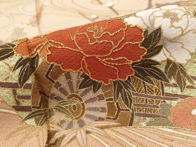 平和屋着物■訪問着　作家物　駒刺繍　流水地紙花文　暈し染め　金彩　正絹　逸品　AABH3458st