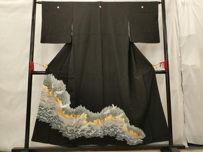 平和屋着物■豪華黒留袖　流水飛鶴文　金銀彩　正絹　逸品　AABH3557st