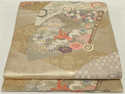 平和屋着物◎六通柄袋帯 唐織 扇面花鳥文 金銀糸 正絹 逸品 AABH3579ou