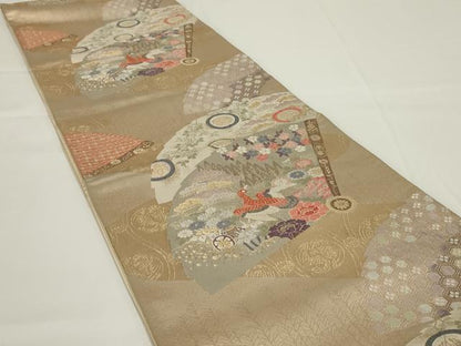 平和屋着物◎六通柄袋帯 唐織 扇面花鳥文 金銀糸 正絹 逸品 AABH3579ou