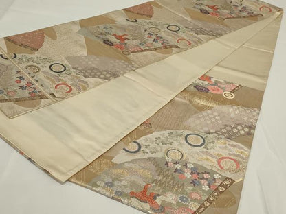 平和屋着物◎六通柄袋帯 唐織 扇面花鳥文 金銀糸 正絹 逸品 AABH3579ou