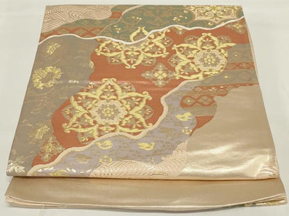 平和屋着物◎六通柄袋帯 道長花文 金糸 正絹 逸品 未使用 AABH3585ou