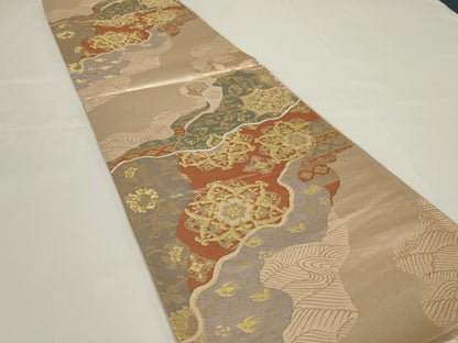 平和屋着物◎六通柄袋帯 道長花文 金糸 正絹 逸品 未使用 AABH3585ou