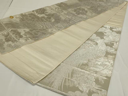 平和屋着物◎西陣　六通柄袋帯　花鳥文　銀糸　正絹　逸品　AABH3590ou