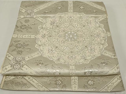 平和屋着物◎六通柄袋帯 唐織 正倉院花文 銀糸 正絹 逸品 AABH3597ou