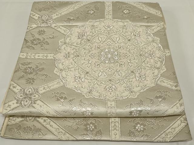 平和屋着物◎六通柄袋帯 唐織 正倉院花文 銀糸 正絹 逸品 AABH3597ou
