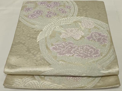 平和屋着物◎六通柄袋帯 唐織 花鳥丸文 銀糸 正絹 逸品 AABH3598ou