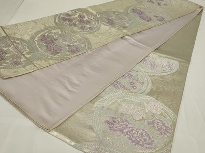 平和屋着物◎六通柄袋帯 唐織 花鳥丸文 銀糸 正絹 逸品 AABH3598ou