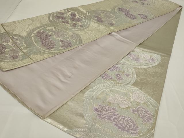 平和屋着物◎六通柄袋帯 唐織 花鳥丸文 銀糸 正絹 逸品 AABH3598ou