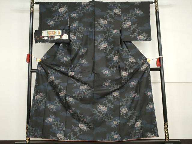 平和屋着物●本場大島紬　カタス7マルキ　総絣　枝花文　黒地　証紙付き　鶴田織物謹製　正絹　逸品　未使用　AABH3609cs