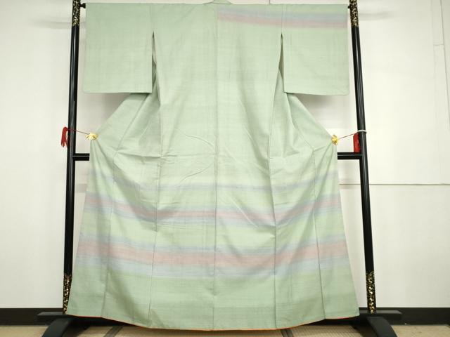 平和屋着物●訪問着　紅花紬　米沢　横段文　正絹　逸品　AABH3621cs