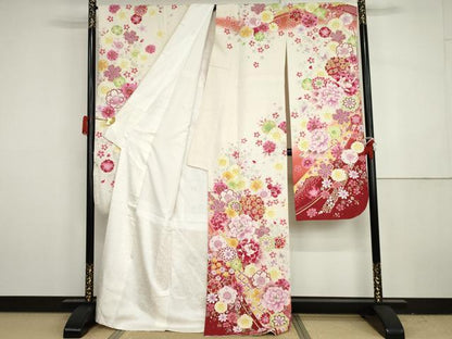 平和屋着物●豪華振袖　刺繍　花蝶文　暈し染め　金糸　金銀彩　銀通し地　正絹　逸品　AABH3626cs