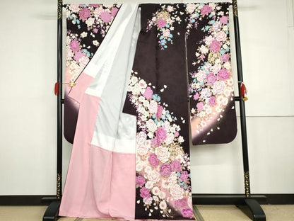 平和屋着物●豪華振袖　刺繍　ラインストーン　枝花文　暈し染め　金糸　金彩　正絹　逸品　AABH3632cs