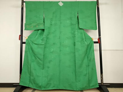 平和屋着物●上質な色無地　扇昌　霞地紋　緑色　丹後ちりめん　反端付き　正絹　逸品　未使用　AABH3635cs