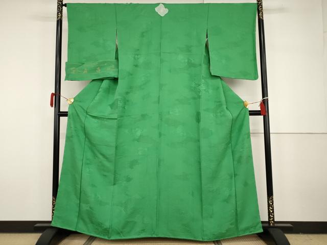 平和屋着物●上質な色無地　扇昌　霞地紋　緑色　丹後ちりめん　反端付き　正絹　逸品　未使用　AABH3635cs