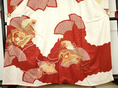 平和屋着物●創業460年・千總　振袖　駒刺繍　絞り　扇面花文　金糸　金彩　正絹　逸品　AABH3636cs