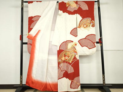 平和屋着物●創業460年・千總　振袖　駒刺繍　絞り　扇面花文　金糸　金彩　正絹　逸品　AABH3636cs