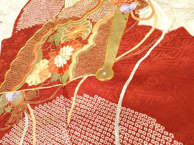 平和屋着物●創業460年・千總　振袖　駒刺繍　絞り　扇面花文　金糸　金彩　正絹　逸品　AABH3636cs 平和屋着物○創業460年・千總 振袖 駒刺繍 絞り 扇面花文 金糸 金彩