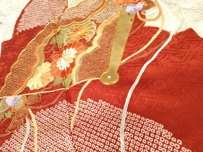 平和屋着物●創業460年・千總　振袖　駒刺繍　絞り　扇面花文　金糸　金彩　正絹　逸品　AABH3636cs
