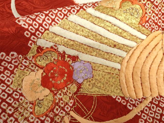 平和屋着物●創業460年・千總　振袖　駒刺繍　絞り　扇面花文　金糸　金彩　正絹　逸品　AABH3636cs 平和屋着物○創業460年・千總 振袖 駒刺繍 絞り 扇面花文 金糸 金彩
