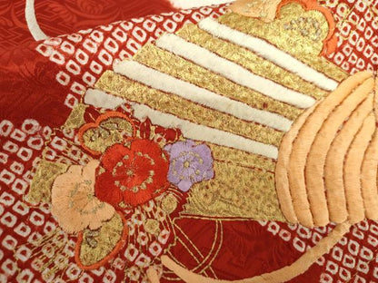 平和屋着物●創業460年・千總　振袖　駒刺繍　絞り　扇面花文　金糸　金彩　正絹　逸品　AABH3636cs