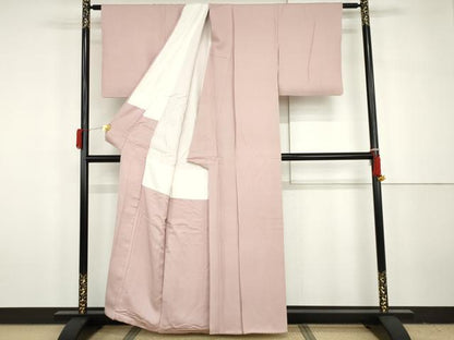 平和屋着物●京加賀友禅　百貫達雄監修　色無地　草花地紋　加賀乃梅染　撫子色　反端付き　正絹　逸品　AABH3638cs