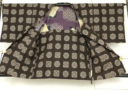 平和屋着物●本場大島紬　龍郷絣　道行コートセット　花格子　正絹　逸品　AABH3639cs