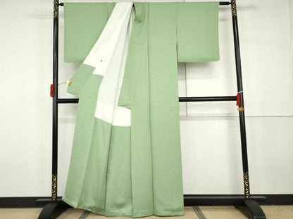 平和屋着物●上質な色無地　舞花地紋　若緑色　正絹　逸品　AABH3651cs