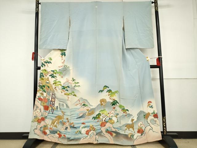 平和屋着物●訪問着　友禅　手描き　刺繍　鹿　風景花松文　暈し染め　金糸　正絹　逸品　AABH3669cs