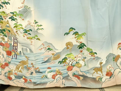平和屋着物●訪問着　友禅　手描き　刺繍　鹿　風景花松文　暈し染め　金糸　正絹　逸品　AABH3669cs