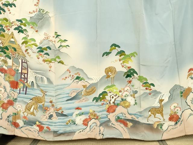 平和屋着物●訪問着　友禅　手描き　刺繍　鹿　風景花松文　暈し染め　金糸　正絹　逸品　AABH3669cs