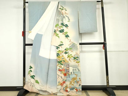 平和屋着物●訪問着　友禅　手描き　刺繍　鹿　風景花松文　暈し染め　金糸　正絹　逸品　AABH3669cs