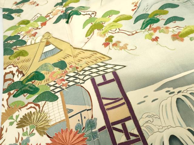 平和屋着物●訪問着　友禅　手描き　刺繍　鹿　風景花松文　暈し染め　金糸　正絹　逸品　AABH3669cs