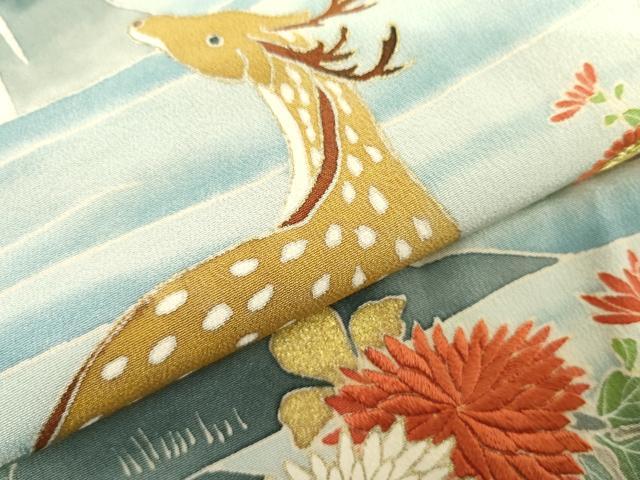 平和屋着物●訪問着　友禅　手描き　刺繍　鹿　風景花松文　暈し染め　金糸　正絹　逸品　AABH3669cs