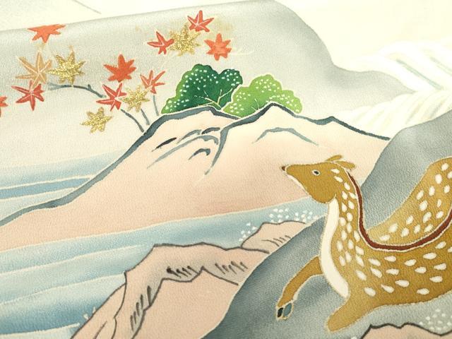 平和屋着物●訪問着　友禅　手描き　刺繍　鹿　風景花松文　暈し染め　金糸　正絹　逸品　AABH3669cs