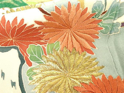 平和屋着物●訪問着　友禅　手描き　刺繍　鹿　風景花松文　暈し染め　金糸　正絹　逸品　AABH3669cs