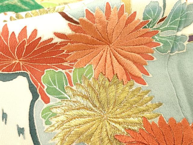 平和屋着物●訪問着　友禅　手描き　刺繍　鹿　風景花松文　暈し染め　金糸　正絹　逸品　AABH3669cs