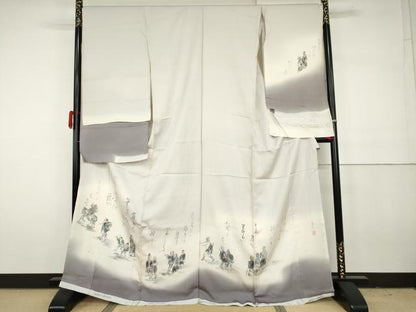 平和屋着物●訪問着　作家物　利休織　手描き　人物文　金通し地　仮絵羽　正絹　逸品　未使用　AABH3670cs