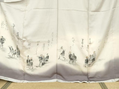 平和屋着物●訪問着　作家物　利休織　手描き　人物文　金通し地　仮絵羽　正絹　逸品　未使用　AABH3670cs