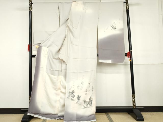 平和屋着物●訪問着　作家物　利休織　手描き　人物文　金通し地　仮絵羽　正絹　逸品　未使用　AABH3670cs