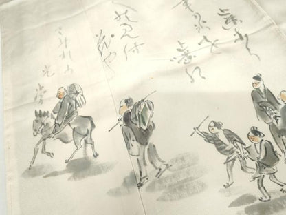 平和屋着物●訪問着　作家物　利休織　手描き　人物文　金通し地　仮絵羽　正絹　逸品　未使用　AABH3670cs