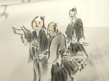 平和屋着物●訪問着　作家物　利休織　手描き　人物文　金通し地　仮絵羽　正絹　逸品　未使用　AABH3670cs
