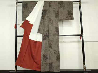 平和屋着物●本場大島紬　泥染　カタス9マルキ　草花文　正絹　逸品　AABH3679cs
