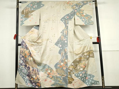 平和屋着物●訪問着　作家物　雪花　辻が花　駒刺繍　流水枝花文　金彩　正絹　逸品　AABH3683cs