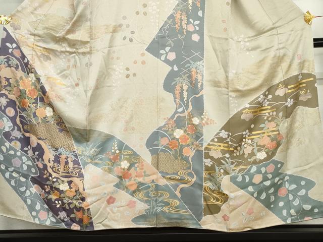 平和屋着物●訪問着　作家物　雪花　辻が花　駒刺繍　流水枝花文　金彩　正絹　逸品　AABH3683cs