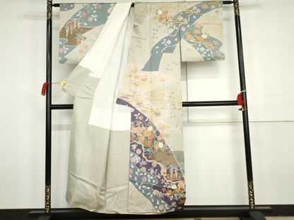 平和屋着物●訪問着　作家物　雪花　辻が花　駒刺繍　流水枝花文　金彩　正絹　逸品　AABH3683cs