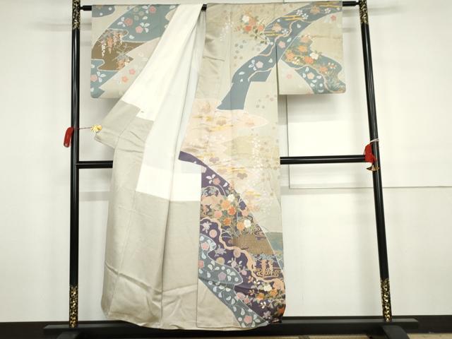 平和屋着物●訪問着　作家物　雪花　辻が花　駒刺繍　流水枝花文　金彩　正絹　逸品　AABH3683cs