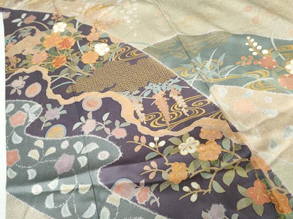 平和屋着物●訪問着　作家物　雪花　辻が花　駒刺繍　流水枝花文　金彩　正絹　逸品　AABH3683cs